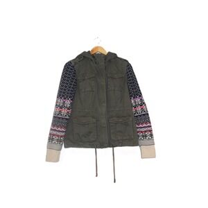 Aeropostale Olive Green Military Style Jacket Fair Isle Knit Sleeves Hooded M